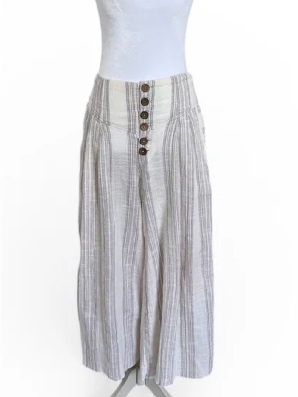 Free People Striped High-Waist Pants in cream and light grey
